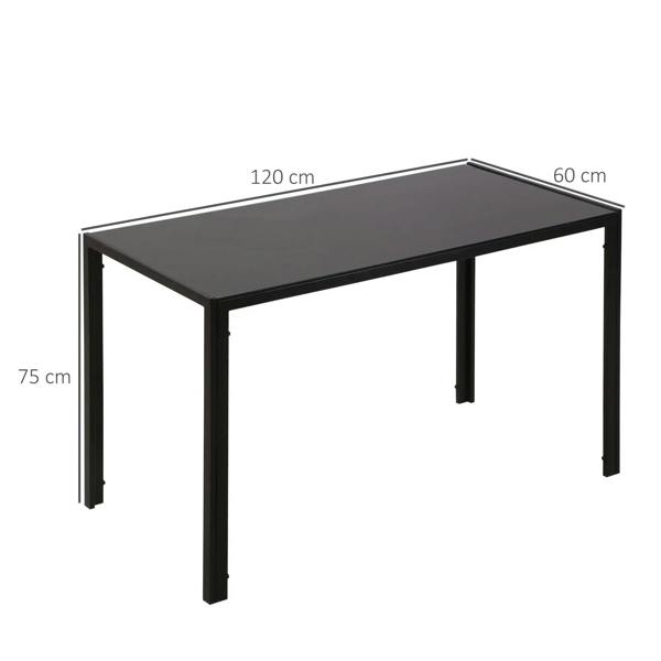 Black rectangular dining table with tempered glass top and metal legs, side view