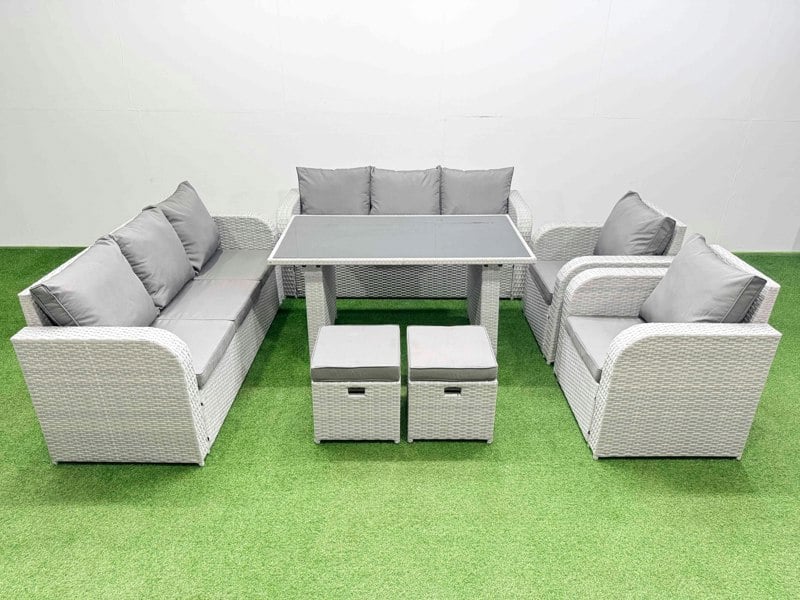 Fimous 10 Seater Wicker PE Rattan Furniture Outdoor Dining Table 3 Seater Sofa Reclining Chair Set with 2 Small Stools Light Grey