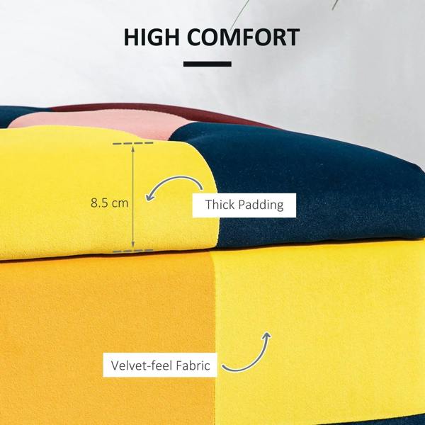 Multicolour velvet-look storage ottoman with thick padded patchwork top