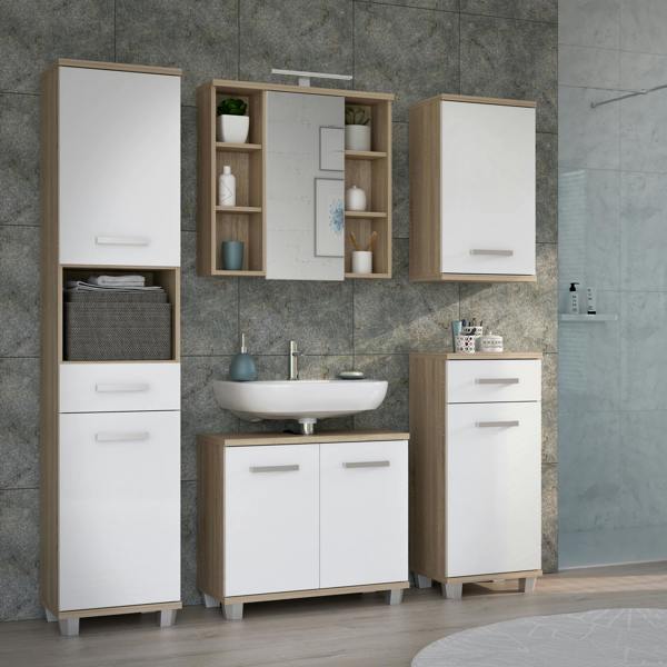 Furniture To Go Veris Under Sink Cabinet with 2 Doors in Sonoma Oak and White High Gloss