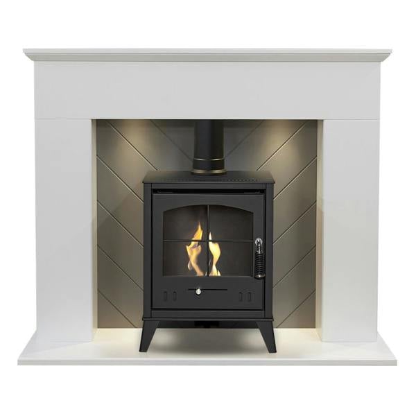 Adam Corinth Stove Fireplace in Pure White & Grey with Downlights & OKO S2 Bio Ethanol Stove in Charcoal Grey, 48 Inch
