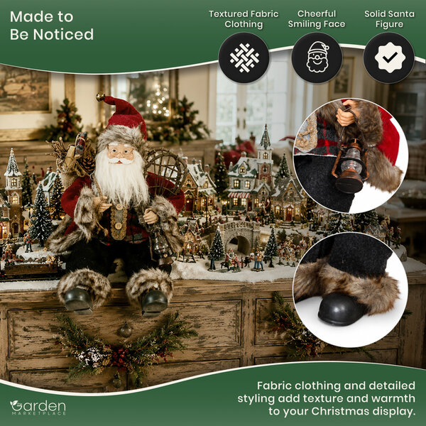 45cm Sitting Father Christmas Figure with Presents Sack, Snowshoes & Lantern, Rustic Fabric Santa Decoration for Mantels & Shelves