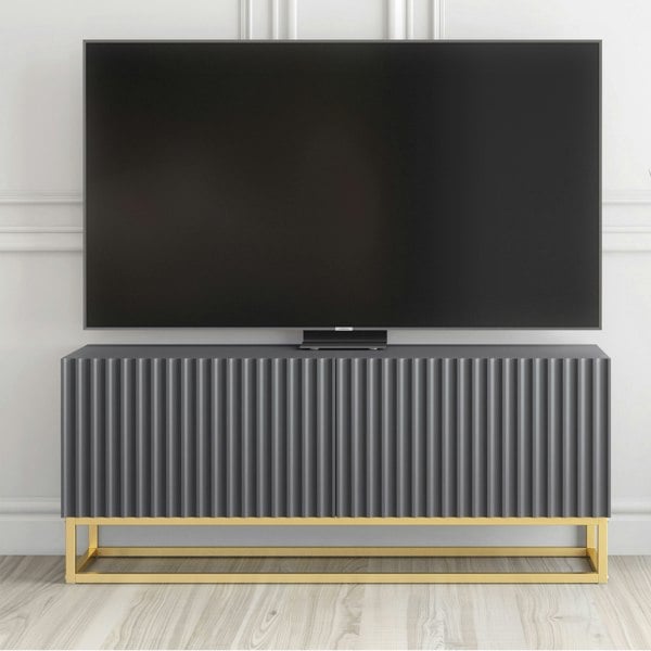 Mex Furniture Grey TV Unit with Gold Base 100cm – Fluted Fronts & Push-Down Doors