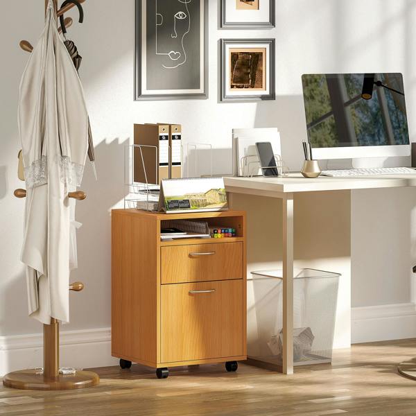 HOMCOM 60cm Filing Cabinet with Drawers and Open Shelf, Black - Natural wood finish