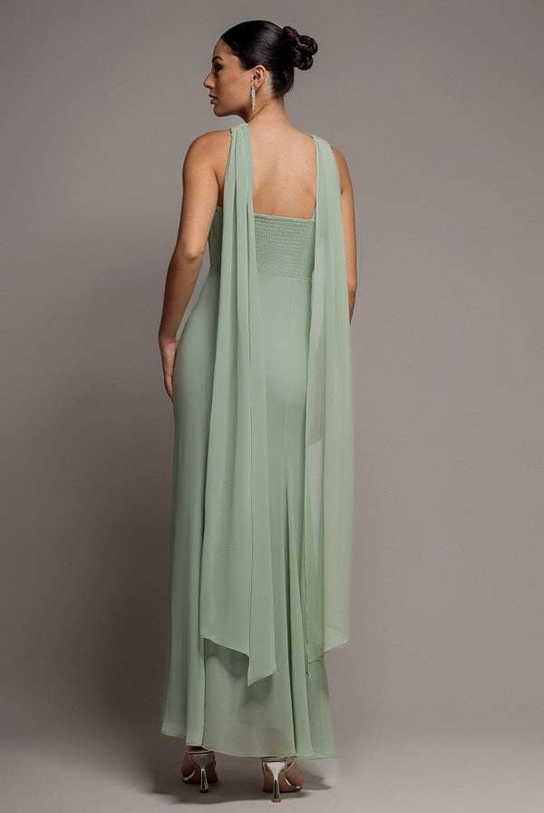 Cross Front Scarf Back Chiffon Mermaid Maxi Dress - Sage Green DR4831
