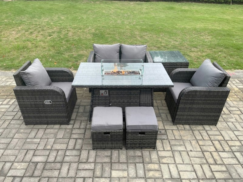 Fimous Rattan Garden Furniture Set Outdoor Patio Gas Fire Pit Dining Table and Chairs with Side Table Love seat Sofa 2 Small Footstools