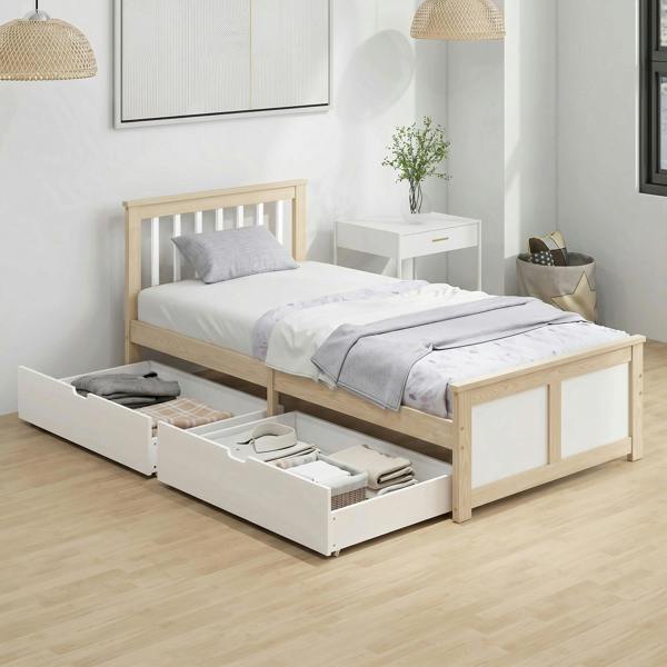 HOMCOM Storage Bed with 2 Drawers, Headboard, Wood Slat Support, Natural