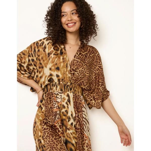 Blue Vanilla Animal Print Wide Leg Cross Over Jumpsuit