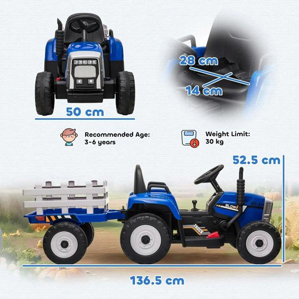 Blue ride-on tractor side view with detachable trailer, steering wheel and pedals