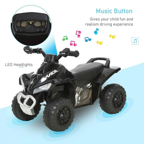 Black ride-on quad with LED headlights and instrument panel, music button console