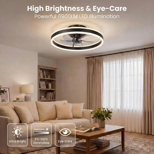 Emitto Ceiling Fan with Lights Remote Modern LED Dimmable Quiet 6 Speeds Black