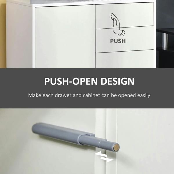 White sideboard drawer front with push-open label and push mechanism