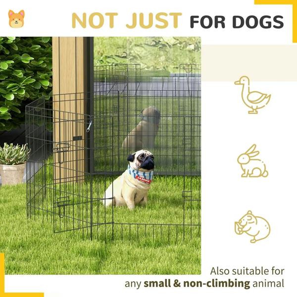 Black wire dog pen with door, shown outdoors; suitable for small animals that don’t climb