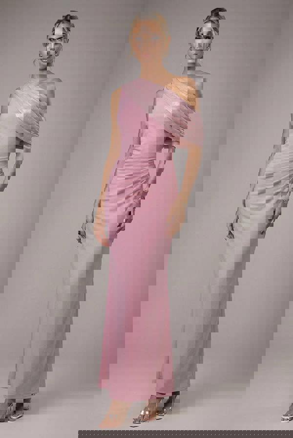 Lurex Pleated Bardot One Shoulder Cape Maxi Dress - Blush Pink DR4984QZ