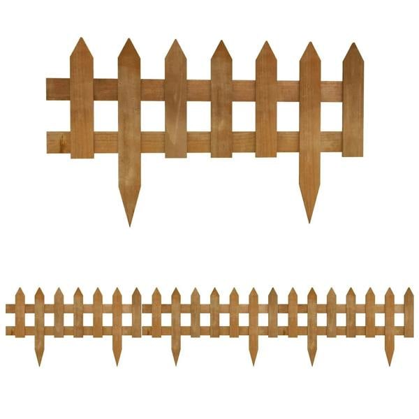 Brown wooden picket border fence set with pointed stakes and straight top rail