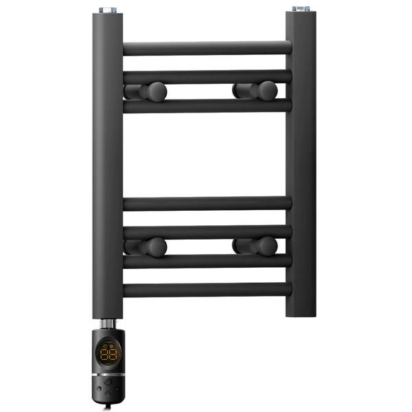 MYHOMEWARE 350 x 400 mm Matt Black Electric Bathroom Towel Rail Radiator Heater With AF Thermostatic Electric Element Pre-Filled