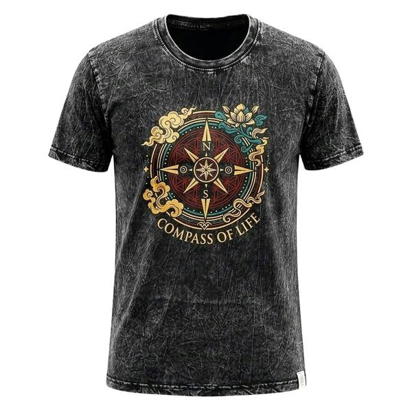 Charcoal stonewashed cotton T-shirt with Compass of Life compass artwork on chest