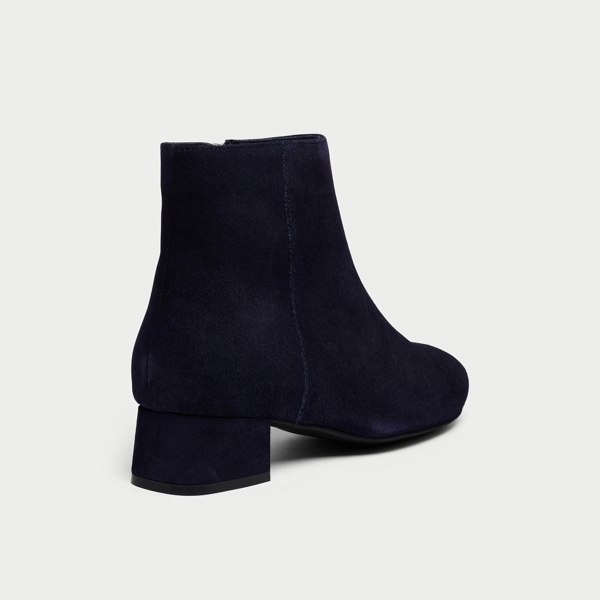 navy lexie suede boot on white background heel close up
