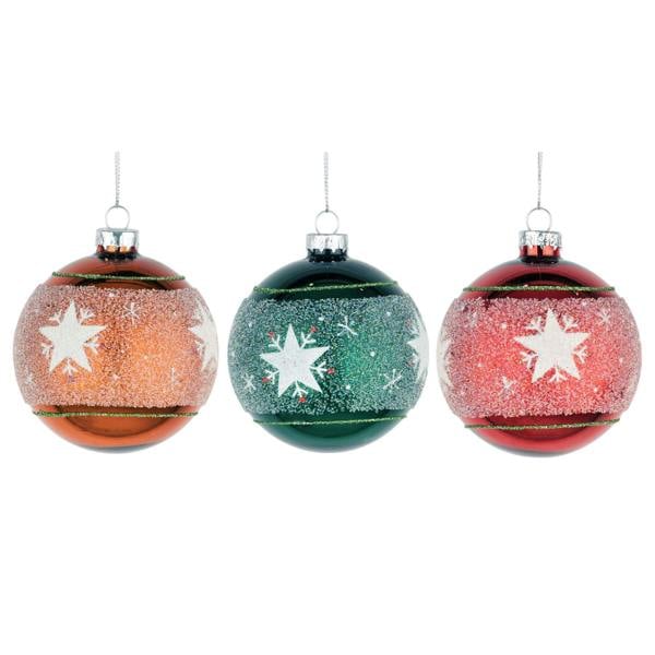 8cm Glass Christmas Baubles 12 Pack in Orange, Green and Red with Mixed Decorative Designs image 4