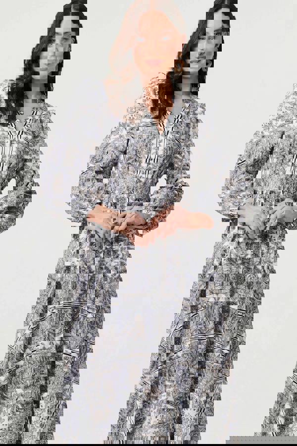 Grey | Printed Long Sleeve Shirred Midi Dress