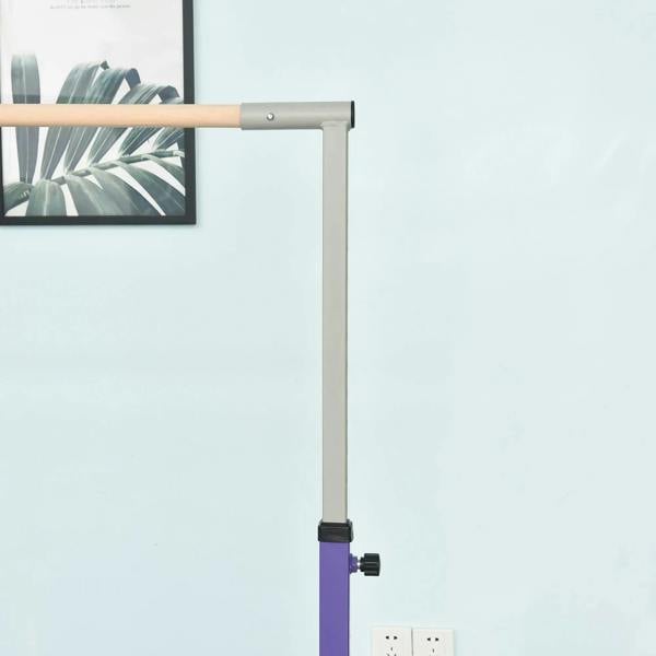 Purple and white adjustable gymnastics bar frame with top crossbar and side holes