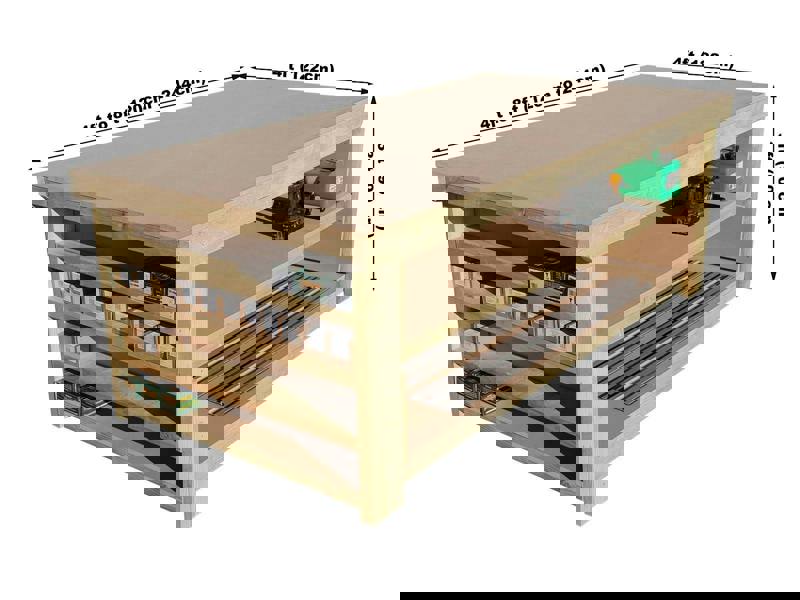 Wooden MDF top workbench with extra shelving and double shelf configuration, featuring a solid timber frame and smooth MDF work surface designed for practical workshop use