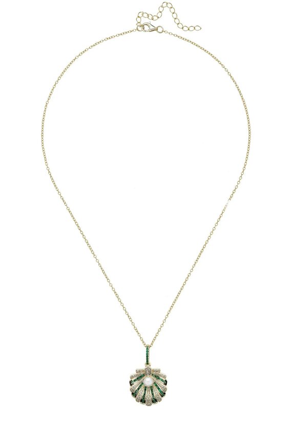 Latelita Art Deco Scallop Shell Pendant Necklace Emerald Green With Pearl Gold