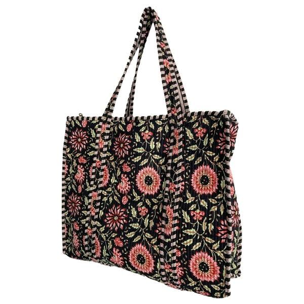 Hayley & Co Black and Pink Flower Quilted Cotton Shoulder Bag