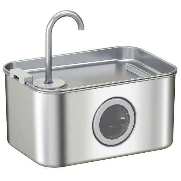 Stainless steel cat water fountain with curved spout and round water-level window