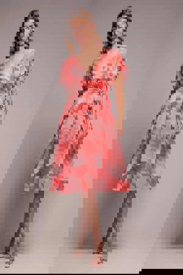 Printed Flutter Sleeve Chiffon Midi Dress - Coral DR4515