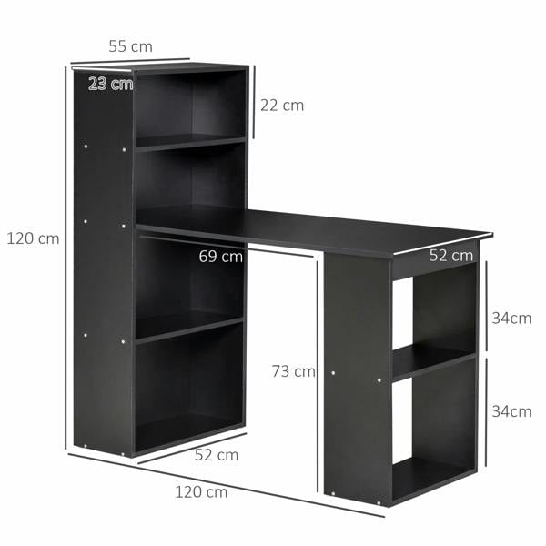 Black computer desk with left storage bookcase and right side shelving openings
