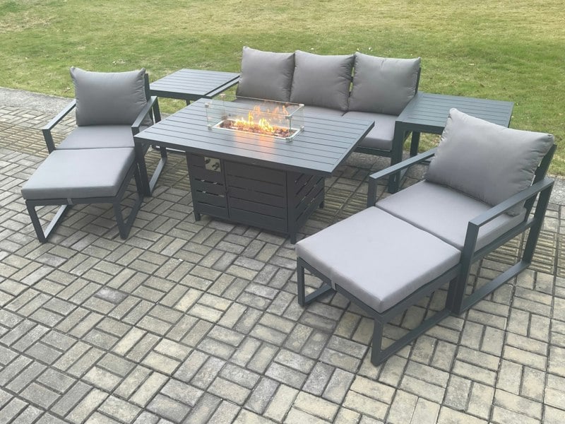 Fimous Aluminium Patio Outdoor Garden Furniture Lounge Sofa Set Gas Fire Pit Dining Table with 2 Side Tables 2 Big Footstools Dark Grey