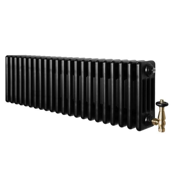 Traditional black 4 column radiator with a sleek, glossy finish and brass valves, measuring 300 x 1010mm for efficient heating