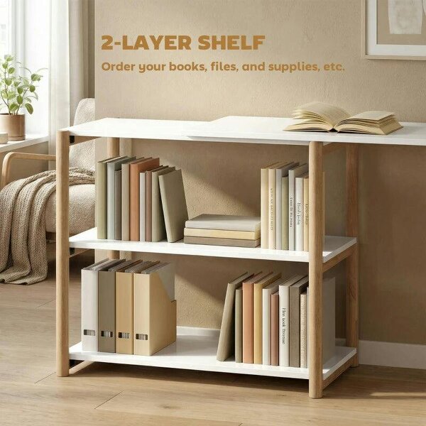 Computer Desk with Storage Shelves Modern Writing Desk Bamboo Frame for Home Office 150 cm White and Oak