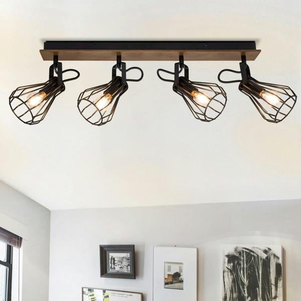 COSYLYTE Kendan 4 Light Matt Black Wire Shade Spotlight - Wooden