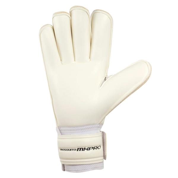 White Optimum Mosquito MX Pro goalkeeper glove, palm view with MX Pro strap, on white - Optimum