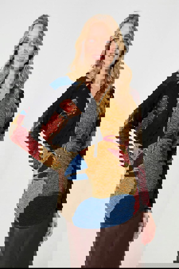 Red | Abstract Zip V-Neck Long Sleeve Relaxed Top
