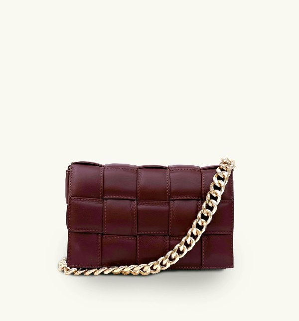 Apatchy London Padded Woven Leather Crossbody Bag with Gold Chain Strap - Burgundy