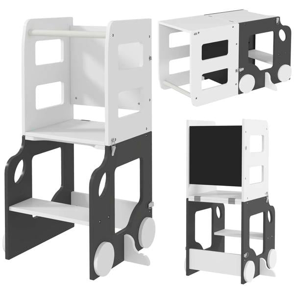 Grey foldable toddler step stool tower with safety rail, two-step standing design
