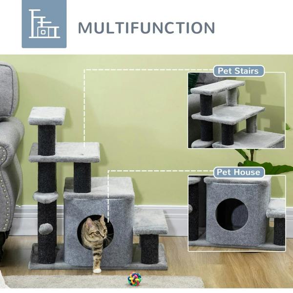 Grey cat steps with multiple levels and built-in pet house with round entrance