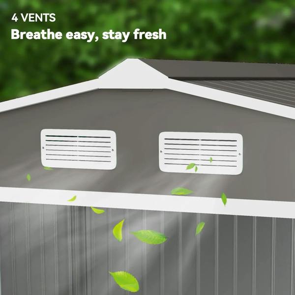 Grey metal shed roof with two rectangular ventilation vents for fresh airflow