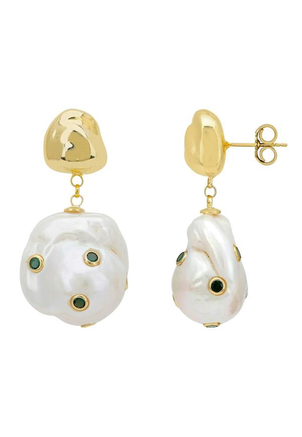 Latelita Polka Dot Baroque Pearl Drop Earrings Gold Emerald