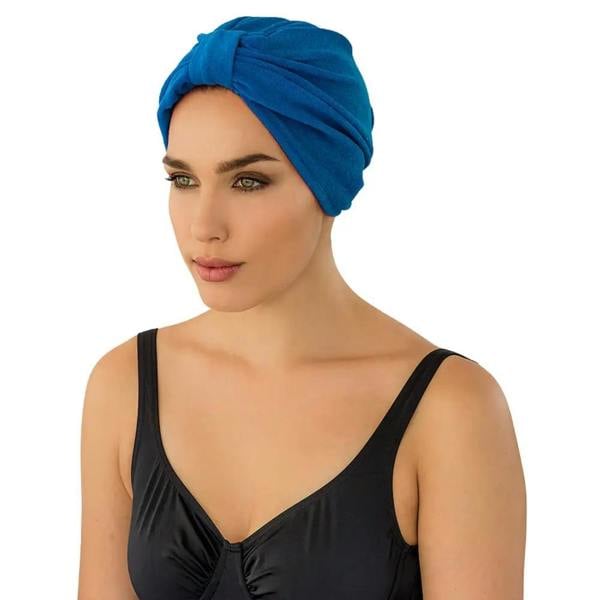 Blue Fashy Après sauna cap with twisted knot design in stretchy fabric