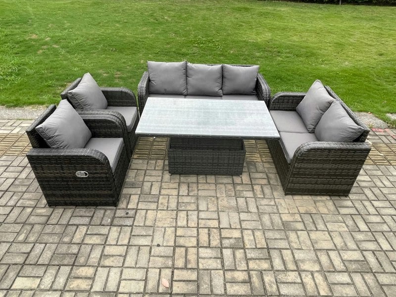 Fimous Rattan Outdoor Garden Furniture Sets Height Adjustable Rising lifting Dining Table Reclining Chair Sofa Set Dark Grey Mixed