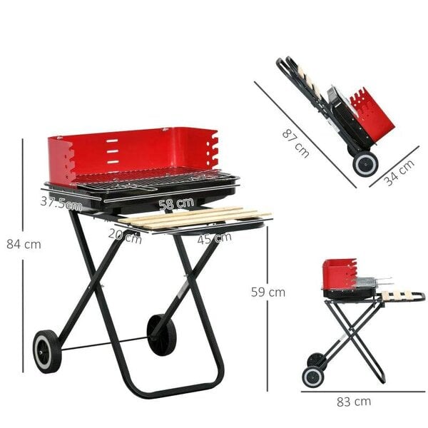 Bobobiy Charcoal Trolley BBQ Barbecue Grill Patio Camping Picnic Garden Party Outdoor Cooking with Windshield and Wheels Side Trays, Black/Red