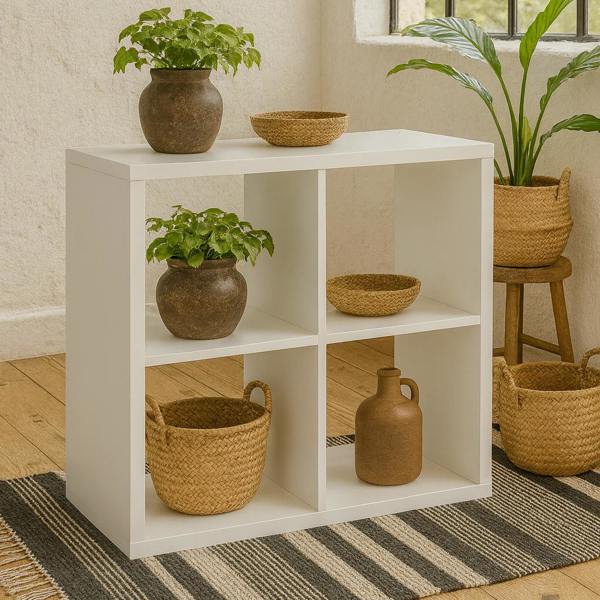 Wyld Haus Driftstone Matt White Wood 4 Cube Bookshelf Storage Unit