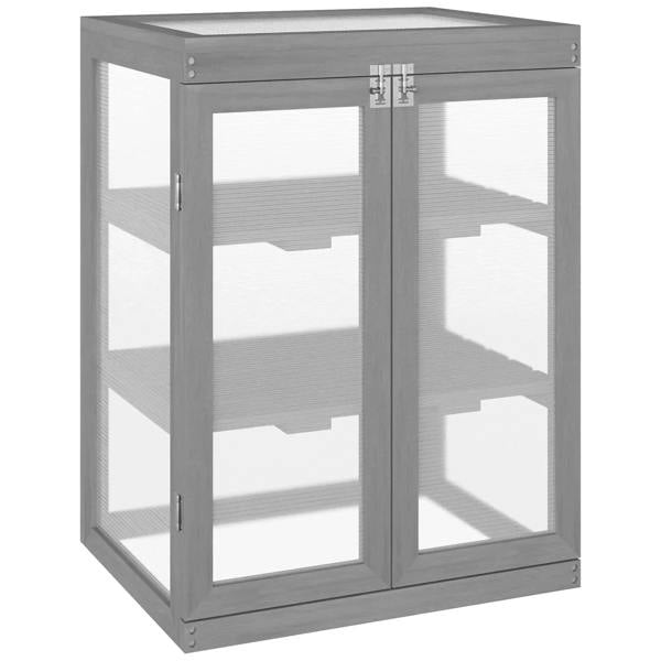 Dark grey greenhouse cold frame with double doors, transparent polycarbonate walls, and base tray