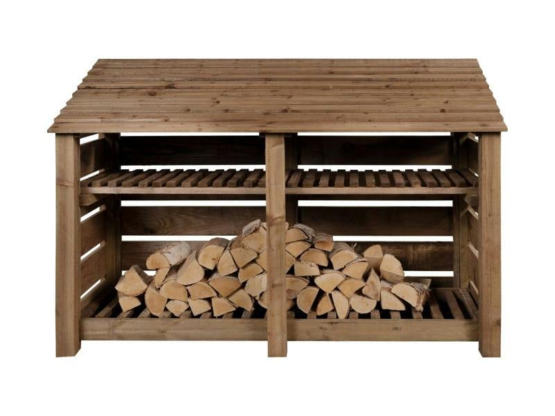Arbor Garden Solutions Slatted Wooden Log Store with Shelf W-187cm, H-126cm or 180cm, D-88cm - Brown Finish