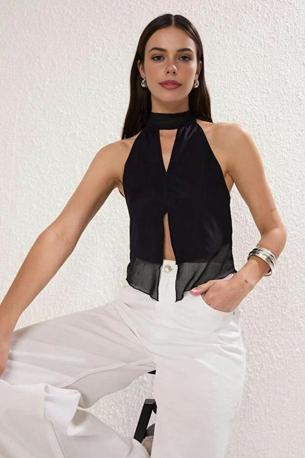 WOVCOR Tie-Up Knitted Tulle Party Blouse