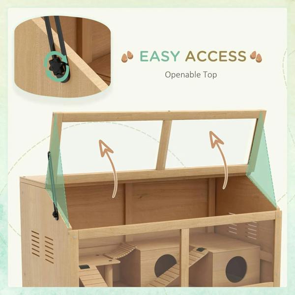 Wooden small animal cage with openable top and visible interior platforms and tunnels.